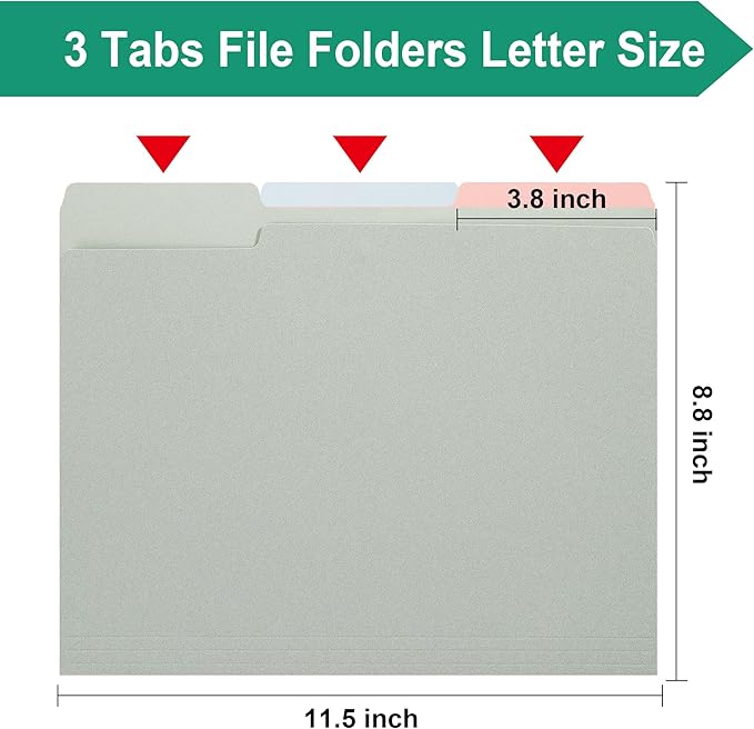 pmybupo Gray File Folders with Tabs –Colored File Folders Letter Size,1/3 Cut Top Tabs,Durable 11pt Paper,Two Tone,Bulk 100 Pack