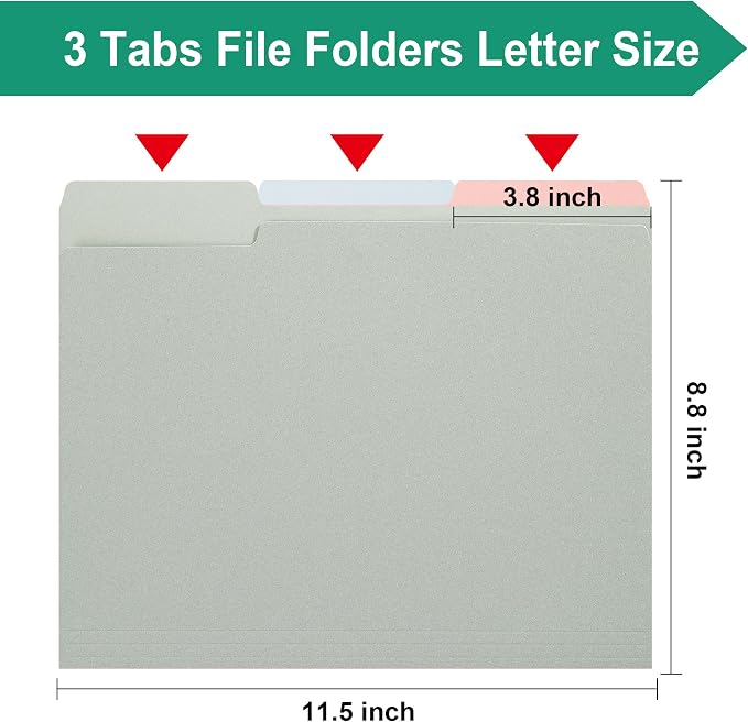 pmybupo Gray File Folders with Tabs –Colored File Folders Letter Size,1/3 Cut Top Tabs,Durable 11pt Paper,Two Tone,Bulk 100 Pack