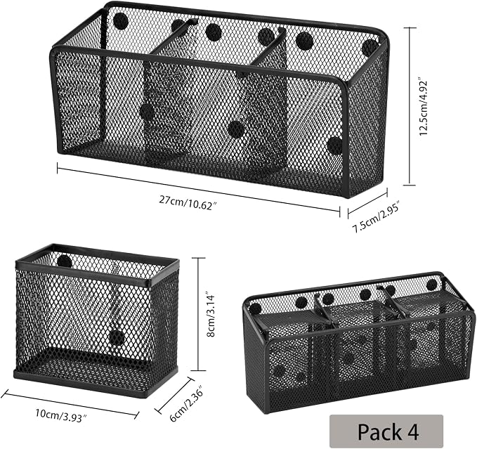 Neudeco Magnetic Pencil Holder, Black, Pack of 4 | Metal Mesh Storage Basket, Locker Shelf Organizer, For Whiteboard & Refrigerator, School & Office Supplies