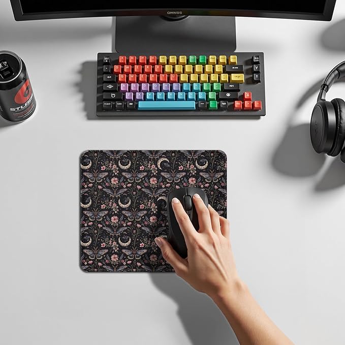 Dark Floral Butterfly Witchy Mouse Pad, Mystical Gothic Moth Mouse Pad for Home Office Computer Gaming Desk Essentials, Butterfly Gifts for Women, 9.5x7.9 Inch