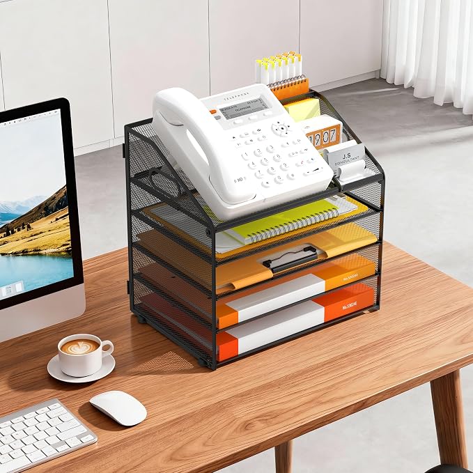 DocNest 5 Tier Metal Mesh Letter Tray - Space Saving Desk File Organizer with Handle, Pen Holder & Folder Holder - Desktop Document Sorter for Office, Home, School, Classroom - Black