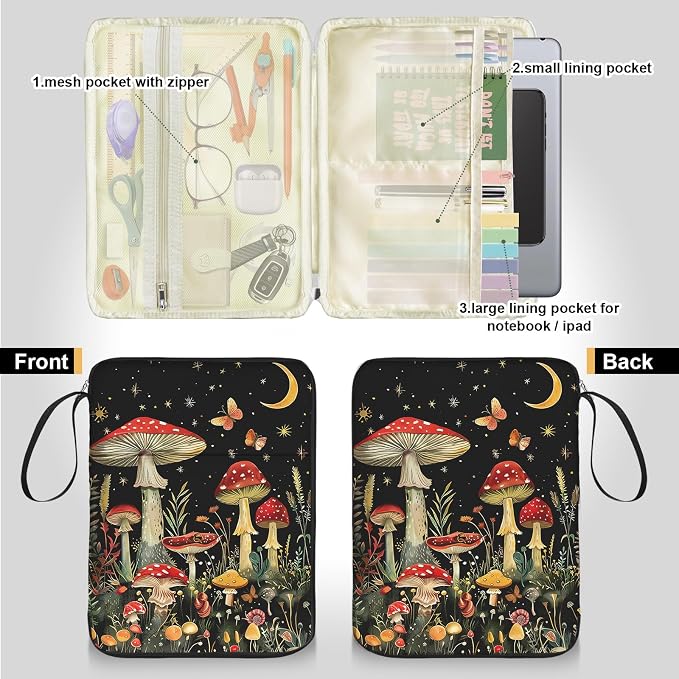 Book Sleeve Book Protector Case, PU Leather Waterproof Kindle Pouch, Cute Book Pouch with Zipper, 12.6"x 9.4" Mushroom Print Portable Book Cover Bag for Book Lovers Gifts Paperbacks Hardcover