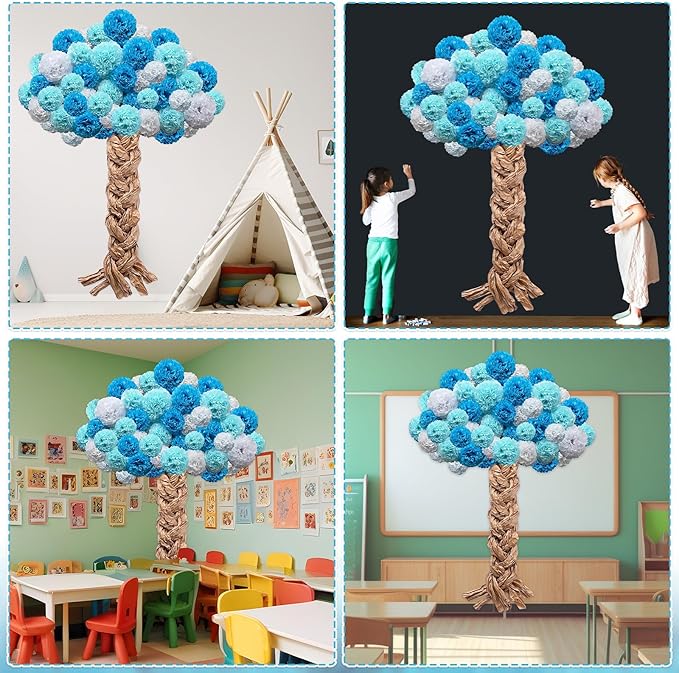 Classroom Tree Bulletin Board Set DIY 3D Cardboard Tree with Paper Pom Poms Kraft Craft Welcome Classroom Bulletin Board for Back to School Nursery Elementary Teacher Chalkboard Wall Decor (Blue)