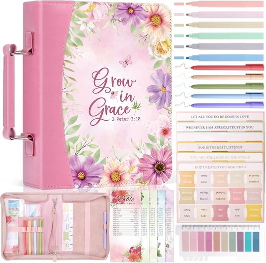 XKDOUS Bible Cover Case for Women, 24 Pcs Study Supplies Organizer with Bible Tabs, Pens, Bookmarks, Portable Carrier Tote Bag Church Book Holder Christian Gifts for Mom Lady