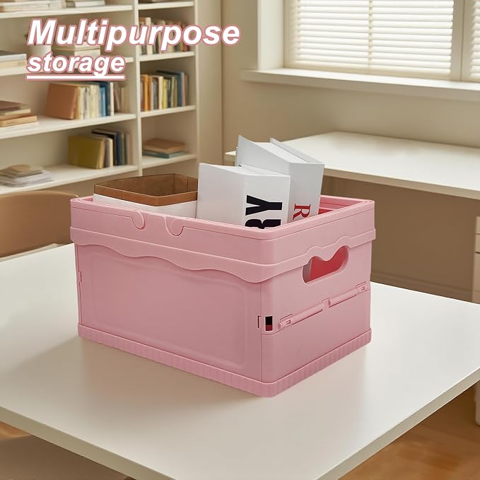 Tixill Small Collapsible Storage Crates, Foldable Plastic Baskets with Lids and Handles for Organizing, Mini Stackable Bins for Home Kitchen Bedroom Bathroom Office (12 * 8 * 7InPink)
