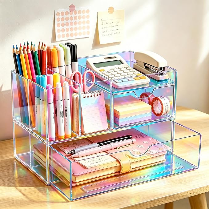 Desk Organizer with Drawers Acrylic Desktop Organizer Pen Holder Caddy for Office Supplies Makeup Organizer for Vanity, Iridescent