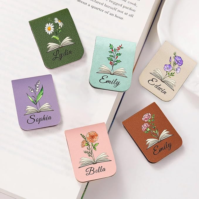 EDSG Personalized Magnetic Bookmarks, Leather Bookmark Clip with Birth Flower & Name, Custom Bookmarks for Book Lovers, Readers, Teacher, Book Mark for Women Men Christmas (Pink-Magnetic V1)
