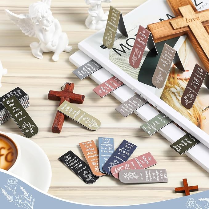 Zonon 48 Pcs Bible Verse Magnetic Christian Bookmarks, 0.8x4.7in Inspirational Scripture Book Markers for Women Men Religious Motivational Flower Page Clips Book Lovers Reading Gifts(Dreamy Style)