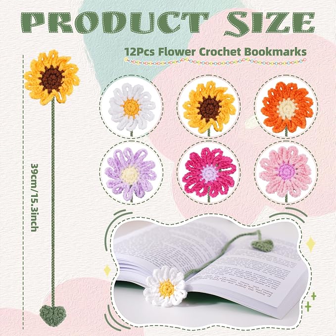 12 Packs Personalized Flower Crochet Bookmarks,Daisy Sunflower Book Marker Appreciation Gifts for Teacher Reading Women Colourful Flower Book Tabs Supplies Bulk for Book Lovers Office Classroom Gifts