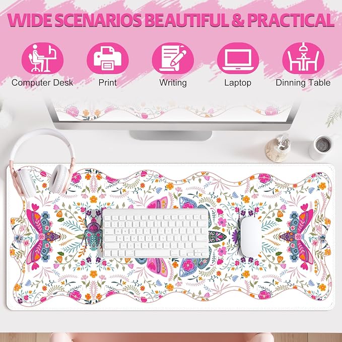 Desk Mat for Keyboard and Mouse, Large Non-Slip Mouse Pad Keyboard Pad, Computer Mats for Desktop, Cute Desk Pad with Stitched Edges for Office, Gaming I Pure White Vibrant Florals