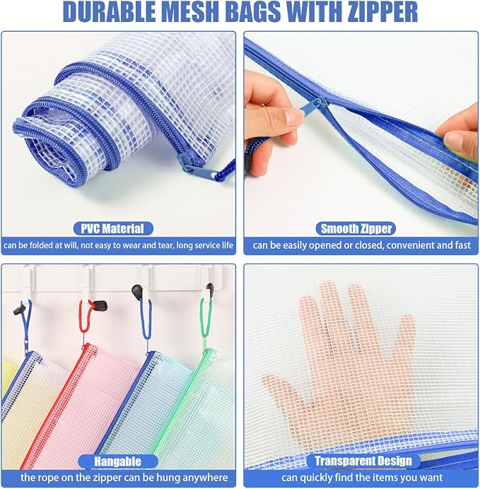 Thboxes 24 Pack Mesh Zipper Pouch Bags, A3 17x12 Inches Large Mesh Bag with Sticky Labels - 12 Colors Waterproof Zipper Bags for Classroom, Board Game, Puzzle, Office Files, Travel and Home Storage