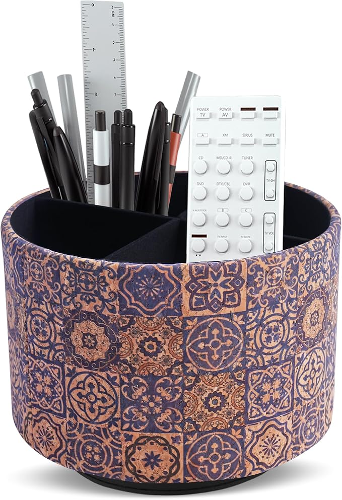 Round Leather Art Supply Organizer,Remote Control Holder,360 Degree Spinning,Multi-Functional Pencil Holder,4 Compartments Desktop Stationary Organizer(1-Wood Leather Blue)