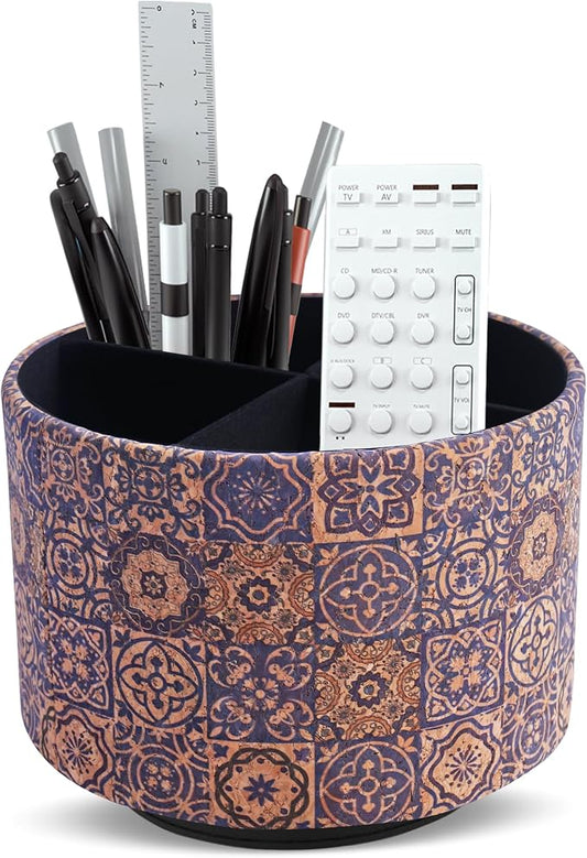 Round Leather Art Supply Organizer,Remote Control Holder,360 Degree Spinning,Multi-Functional Pencil Holder,4 Compartments Desktop Stationary Organizer(1-Wood Leather Blue)