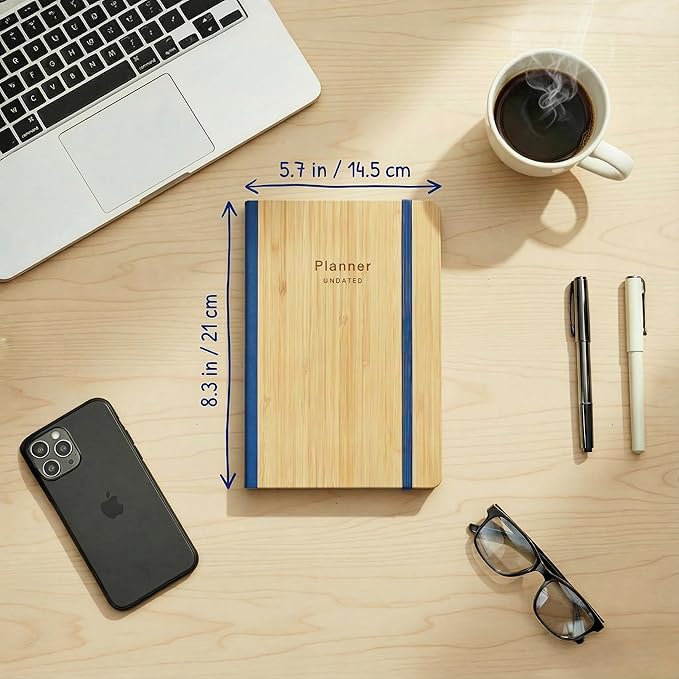 AuroPlanner Bamboo Cover Undated Portable Planner Notebook – Daily, Weekly & Monthly Organizer, Lay-Flat A5 (5.7” × 8.3”), 100 GSM Paper, 160 Pages, 4-Month Layout (Blue)