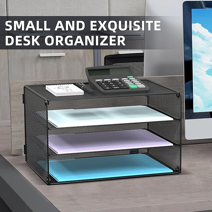 DALTACK 3 Tier Letter Tray Paper Organizer for Desk, Mesh Metal Desk File Organizer with Sliding Trays for Letter/A4 Paper, Mail, Bills & Folders, Black