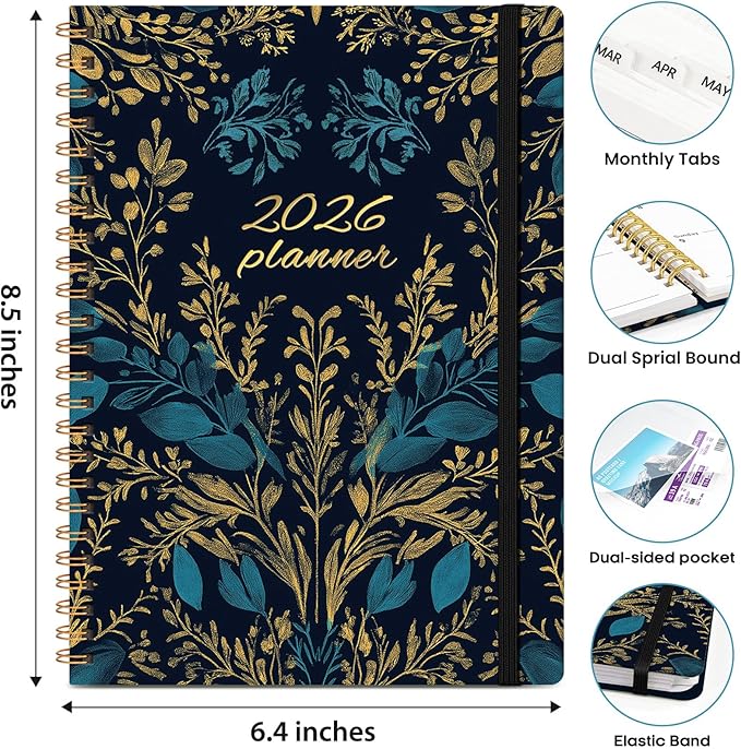 2026 Planner, Weekly and Monthly Calendar Planner Book, January 2026 - December 2026, Hardcover Spiral Planner with Monthly Tabs, Notes Pages, Perfect for Women & Men, A5 (6.4" x 8.5") - Midnight