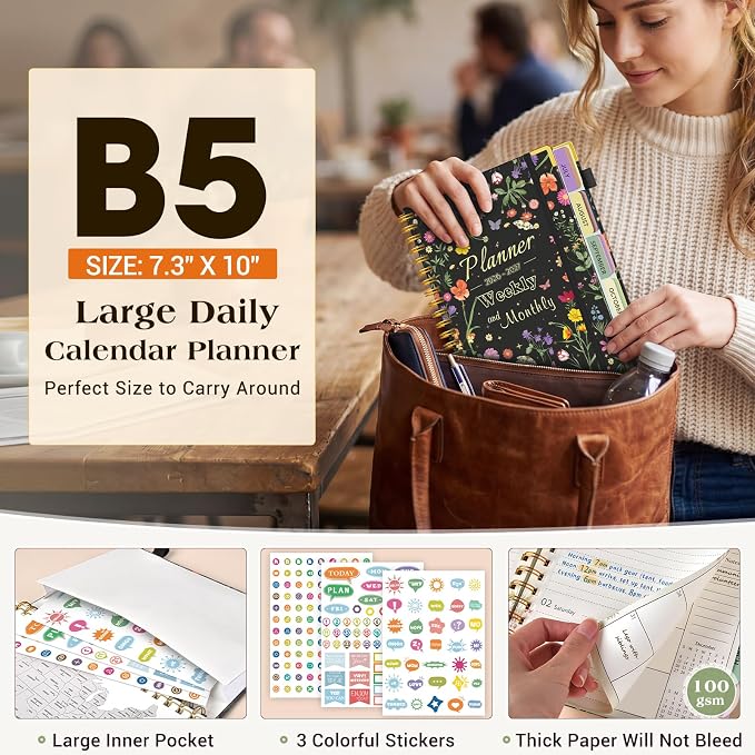 Academic Planner 2026-2027, 18 Months Weekly and Monthly Calendar Planner from July 2026 - December 2027, 7.3" x 10" B5 Large Hardcover Agenda Organizer Book with Tabs, Yearly Daily Planners for School Work Student Teacher, Black Garden