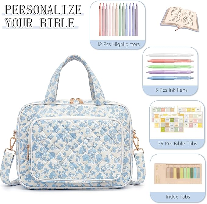 Bible Bag for Women, Large Bible Cover Case with Study Supplies,Girls Carrying Case with Highlighters, Pens, Bible Tabs, Sticky Notes, Christian Gifts for Girls, Mom, Easter Mothers Day Religious Gift