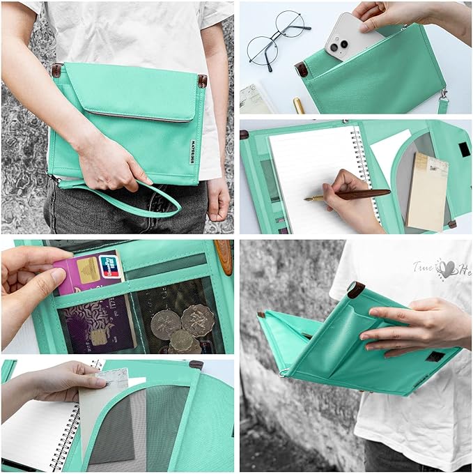 A5 Conference Folder Business Organiser Bag Notepad Carrying Case Document Case A5 Portfolio Organiser Portfolio Binder with Zip (Mint Green)