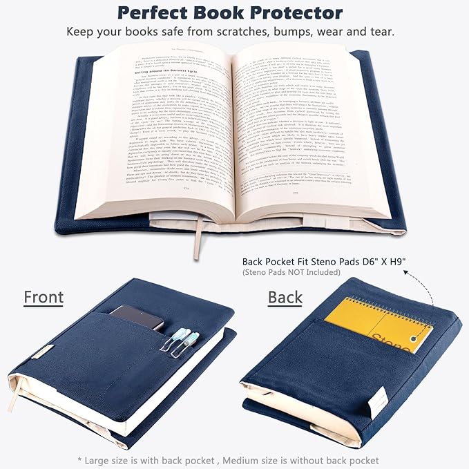 Canvas Book Covers, Washable Book Protector, Book Cover for Paperback Novels, Adjustable Book Cover for Hardcover with Pockets for Pen, Soft Cover Books, Book Lovers Gifts
