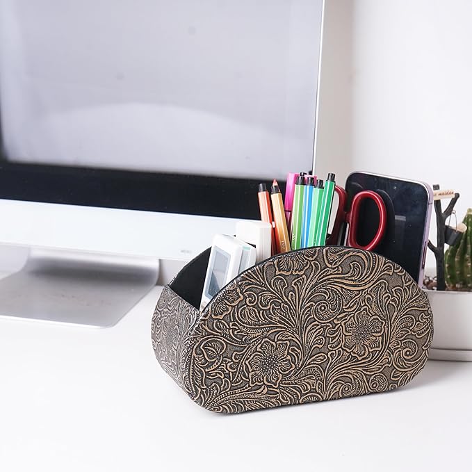 QIELIZI Remote Control Holder, PU Leather Remote Caddy Desktop Organizer with 5 Spacious Compartments for TV Remotes/Media Controllers/Office Supplies (1-Carved Copper Gold