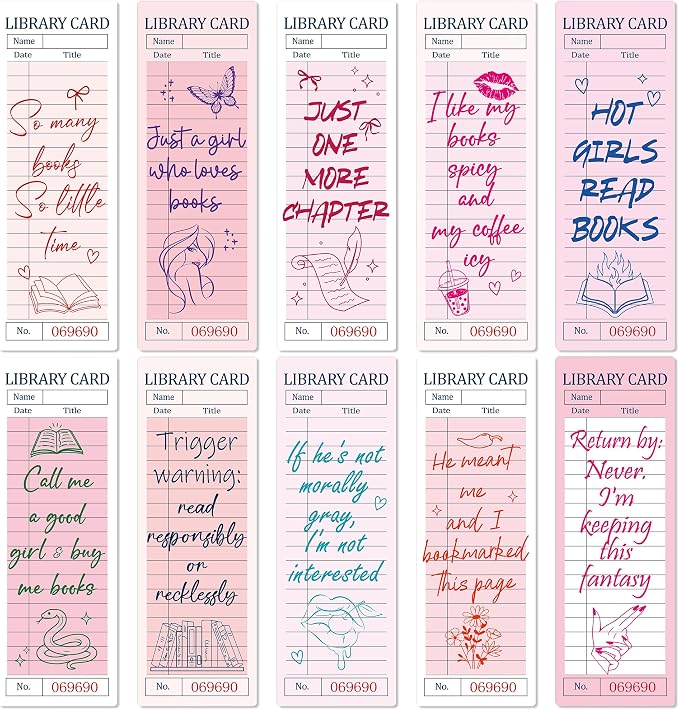 Vintage Bookmark Bulk Gifts - 100 Pcs Pink Library Card Paper Bookmarks for Women Girls Students Book Lovers Retro Quote Page Clips School Reading Accessories Bookish Birthday Graduation Gift