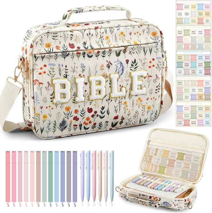 Large Bible Cover Case for Women, Bible Study Supplies Journaling Kit Chenille Letter PU Leather with Tabs Gel Pen Highlighters with Strap Easter Mothers Day Christian Gifts for Women Mom(Freshness)