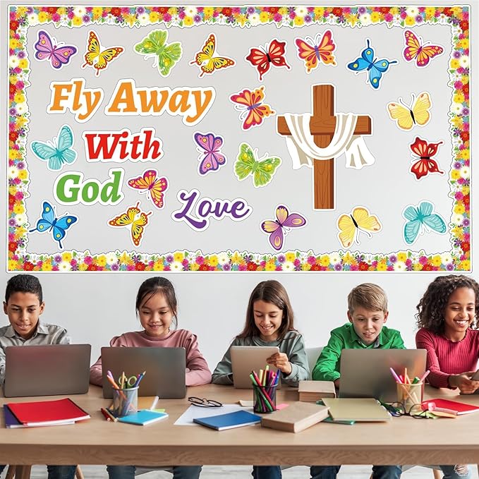Spring Easter Bulletin Board Decorations Christian Religious Jesus Bulletin Board Set Fly Away with God Love Cross Cutouts Decor for Sunday School Classroom Teachers Students Supplies