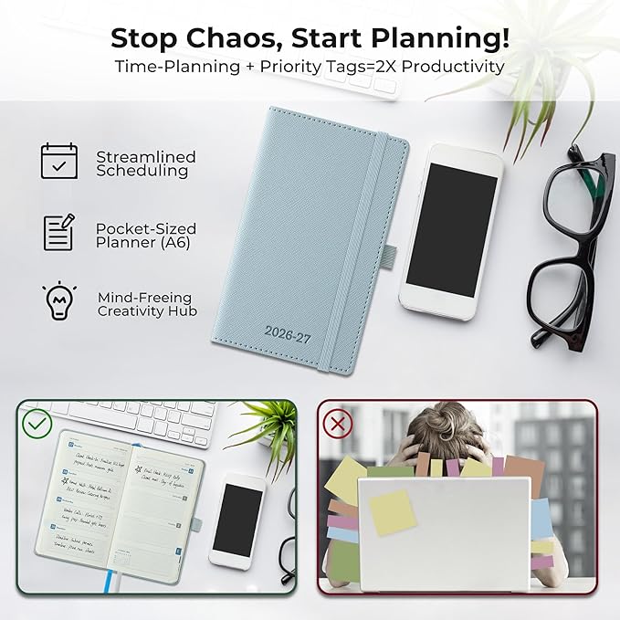 Weekly Monthly 2026-2027 Planner (July 26-Dec 27),6.5"x3.75",18 Months Agenda Plan with Month Tabs & Pocket,Expenses/Note Pages, Academic Calendar with Vegan Leather Cover,Dusty Blue