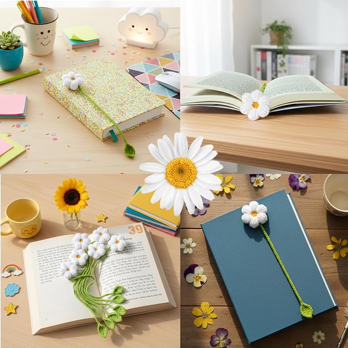 Daisy Crochet Bookmarks for Women, 6 Pack Flower Book Marks | Cute Reading Accessories, Book Lovers Gifts, Page Markers, Tote Bag Decor, Napkin Rings, Curtain Ties, Bouquet Ties