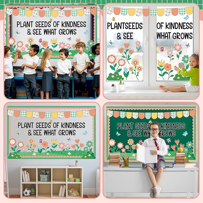 Spring Kindness Bulletin Board Set Plant Kindness Classroom Decoration Colorful Flowers Butterflies Paper Cutouts for Back to School Home Nursery Chalkboard Wall Decor Springs Party Supplies