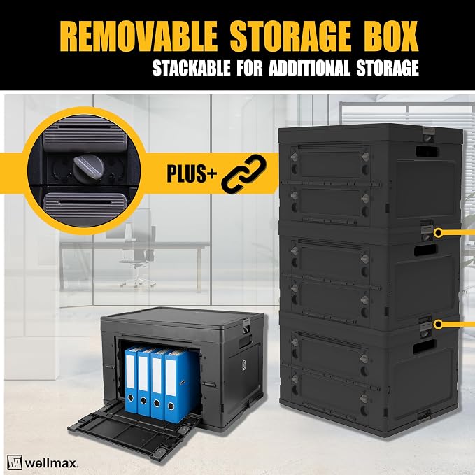 Wellmax Collapsible Crate with Lid - 44lbs Stackable Foldable Crate for Groceries, Office & Car Trunk Organizing - Black