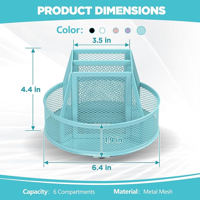 Docnest 360° Rotating Pen Holder,Heavy-Duty Metal Mesh Desk Organizer with 6 Compartments for Pencils,Scissors & Markers –Space Saving Office Supply for Teachers, Students & Home Desk-Blue