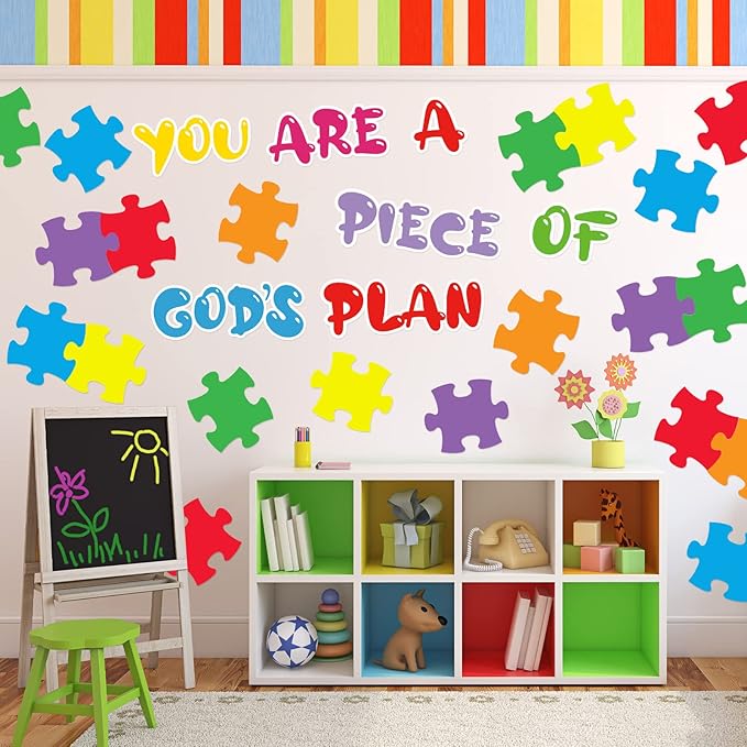 67 Pieces Large Puzzle Cutouts Bulletin Board Set Bible Verse Paper Cuts Classroom Decor You are a Piece of Gods Plan Cut Outs School Puzzle Accents Paper for Classroom Nursery Door Wall Decor