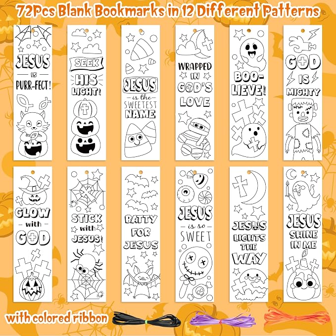 75Pcs Halloween Color Your Own Bookmarks for Kids Christian Theme DIY Coloring Blank Bookmark Classroom Art Craft Supplies for Teacher Student Fall Halloween Trick or Treat Party Reward Goodie Fillers
