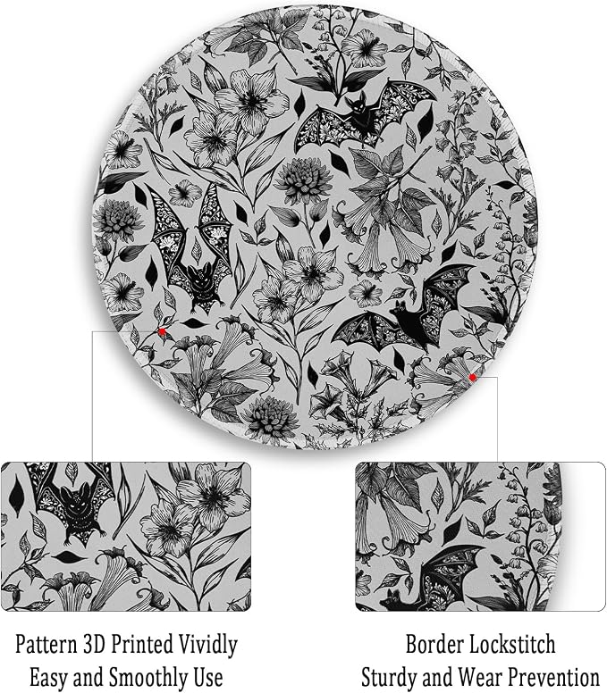 Gctriki Goth Floral Bat Mouse Pad for Desk, Funny Round Mousepad for Computer Laptop Gaming Stitched Edge Non-Slip Rubber Base, Gothic Gifts Home Office Desk Accessories Decor Supplies for Women