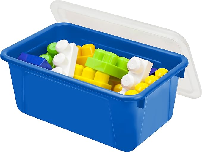 Storex Small Cubby Bins – Plastic Storage Containers for Classroom with Non-Snap Lid, 12.2 x 7.8 x 5.1 inches, Assorted Colors, (62406U05C) (Pack of 5)