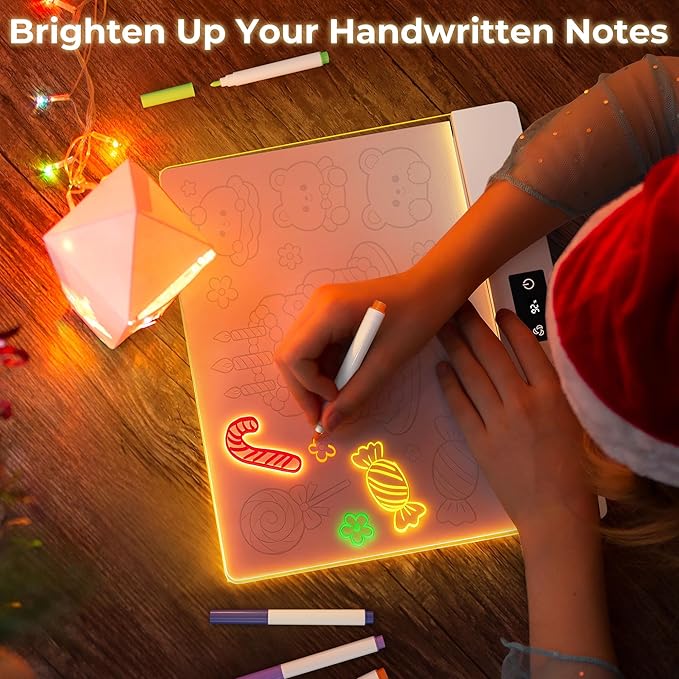 Bawaslom Rechargeable Doodle Glow LED Drawing Board for Kids,11.8"×10.3" Magic Neon Light Up Drawing Tablet,8 Colors & 4 Modes,Built-in Stand Note Board,Creative Toys Gifts for Girls & Boys,White