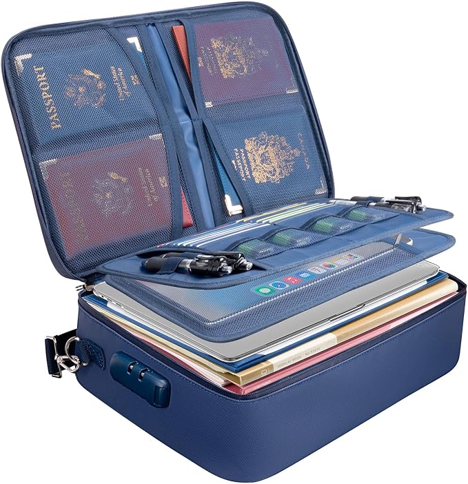 BALEINE Fireproof Document Box with Lock, Portable Fireproof Document Bag Waterproof Fire Proof File Boxes for Documents, File Organizer Box for Important Paperwork (Blue, 15''x11''x4'')