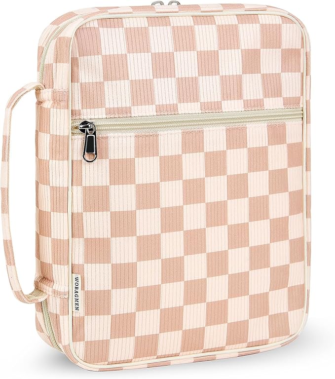 WOBAGMEN Bible Cover Case for Women,Cordoury Bible Cover with Handle,Checkered Bible Book Cover,Carrying Case Bible Protective Christian Gift(Checkered, L)