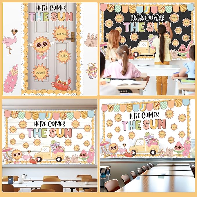 Retro Sun Motivational Bulletin Board Decor Summer Sunshine Bulletin Board Decoration Sunshine Groovy Hippie Paper Cutouts Sun Shine Beach Blackboard for School Classroom Summer Theme Party Supplies
