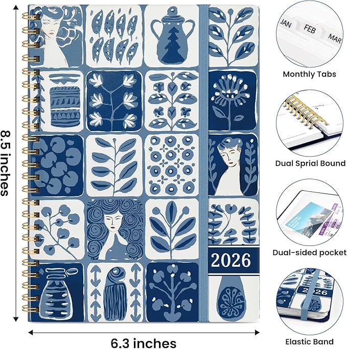 2026 Planner, Weekly and Monthly Planner for Women, Jan 2026 - Dec 2026 Pretty 2026 Calendar Planner with Monthly Tabs, Inner Pocket, Spiral Binding, Perfect for Office Home School - 6.3" x 8.5", Blue Art