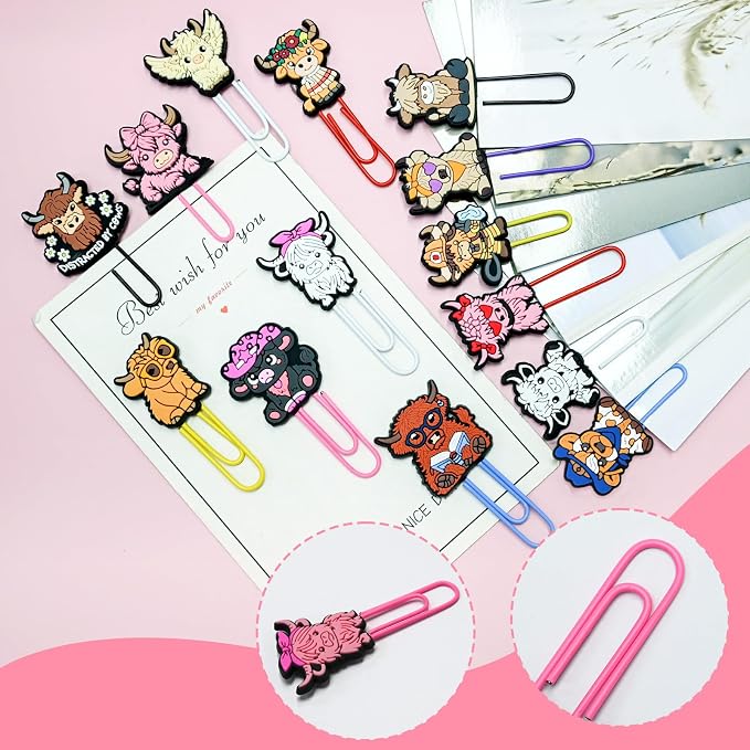 Cute Paper Clips, 50Pcs Highland Cow Bookmark Paperclips Bulk Metal Fun Cute Cow Planner Clip Charms Clamp Desk Accessories Stationery Colorful Office Supplies Gifts for Student Teacher Party Decor