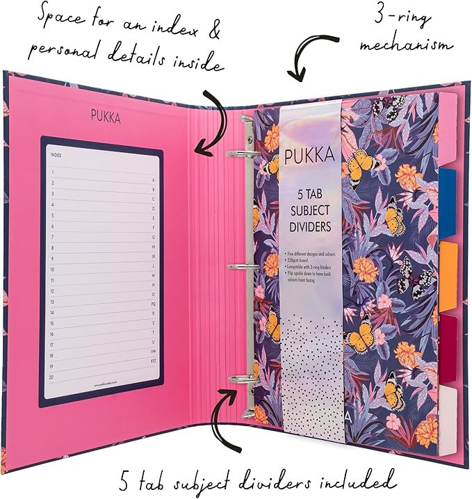 Pukka Pad, Bloom A4 Preloaded 3-Ring Binder – Includes Personal Details and Planner Pages – Comes Preloaded with 5-Part Dividers – Standard 3-Ring Mechanism - Blue