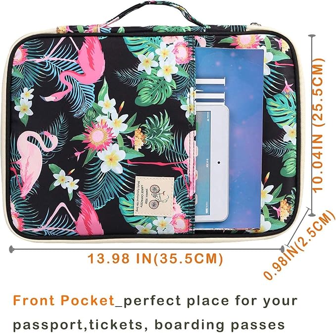 JAKAGO A4 Travel Portfolio Multifunctional Document Organizer Zippered Case for Office Supplies (Flamingo)