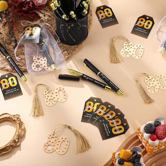 Spakon 25 Set 80th Birthday Party Favor for Guest Anniversary Party Favor Golden Birthday Bookmark Thanks Coming Pen with Tag Appreciation Gifts for Women Men Wedding Anniversary