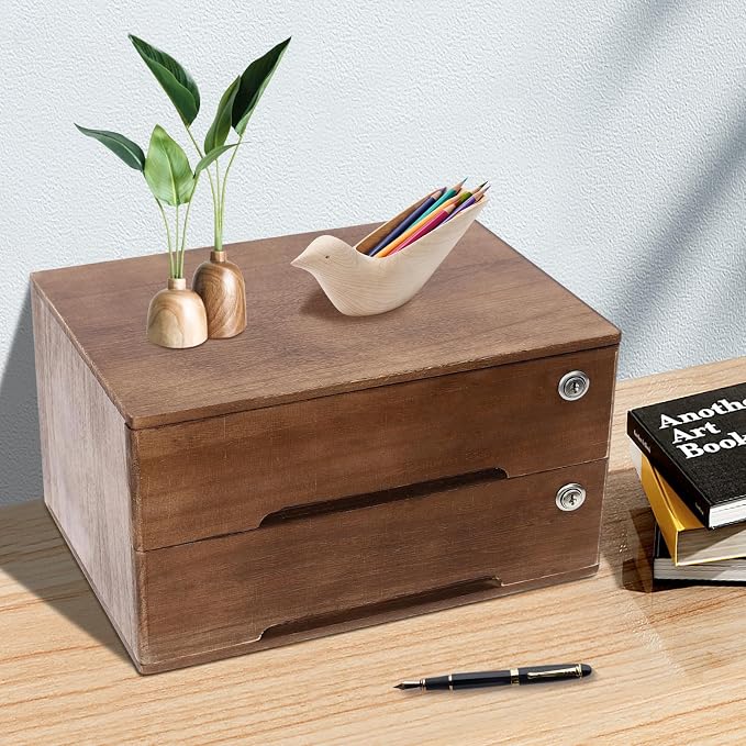 Wooden Desktop Storage Box with Lockable Drawers, Flat File Cabinet Drawer Desktop Storage Box, Countertop Storage Cabinet for Office Home Toiletries Supplies Vanity (Walnut, 2 Drawer)