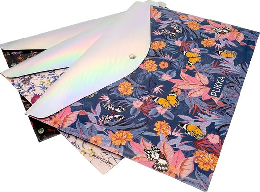 Pukka Pad Bloom A4 Stud Wallets – File Storage Folder – 12.6 x 9.25in – Pack of 3 Assorted Floral Designs