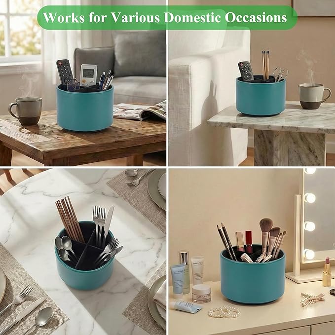 Hennaja Round Leather Art Supply Organizer,Remote Control Holder,360 Degree Spinning,Multi-Functional Pencil Holder,4 Compartments Desktop Stationary Organizer(1-Sheep Green)