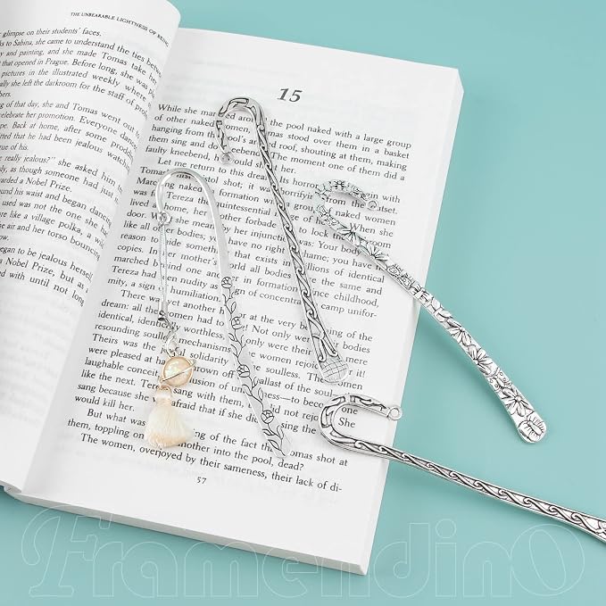Framendino, 12 Pack Metal Bookmark Hairpin Hook Antique Tibetan Silver Carved Book Marks with Loop for Crafting